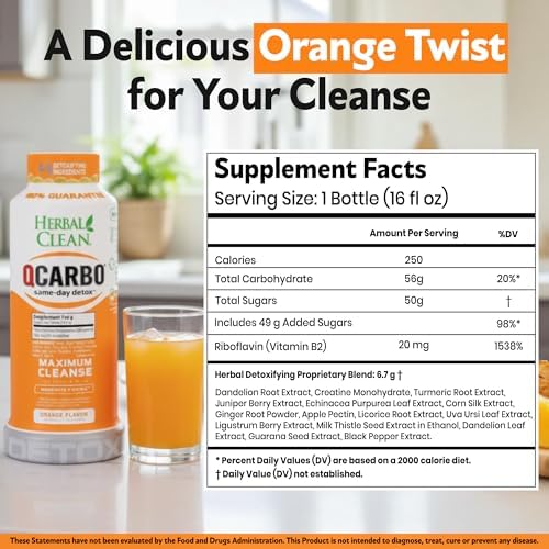 Herbal Clean Qcarbo16 Bebida Detox de Limpieza Total (16 fl oz) - Sabor Naranja, Ideal para Niveles Moderados de Toxinas, con Vitamina B2 y B12 para - imagen 3