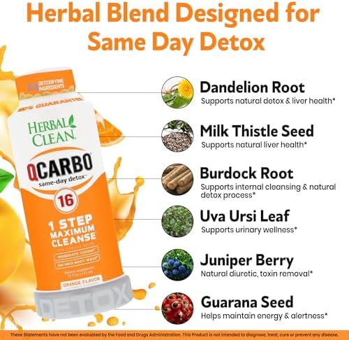 Herbal Clean Qcarbo16 Bebida Detox de Limpieza Total (16 fl oz) - Sabor Naranja, Ideal para Niveles Moderados de Toxinas, con Vitamina B2 y B12 para - imagen 4
