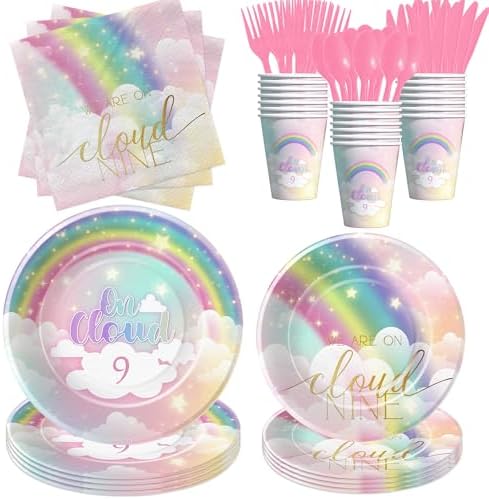 Decoraciones de Cumpleaños FVABO Nubes Arcoíris para Niñas, Set de Mesa desechable para Fiesta 9 años, Platos, Servilletas, Vasos y Cubiertos para 24 - imagen 1