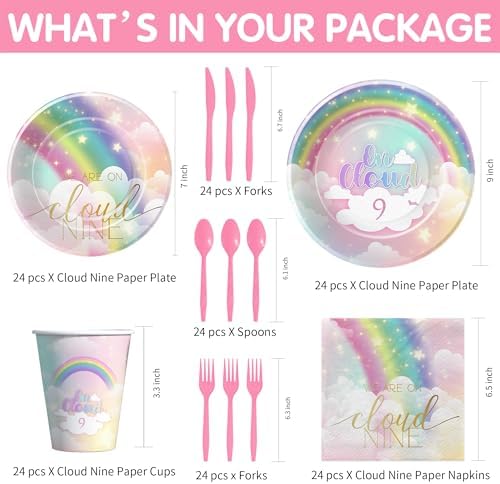 Decoraciones de Cumpleaños FVABO Nubes Arcoíris para Niñas, Set de Mesa desechable para Fiesta 9 años, Platos, Servilletas, Vasos y Cubiertos para 24 - imagen 2