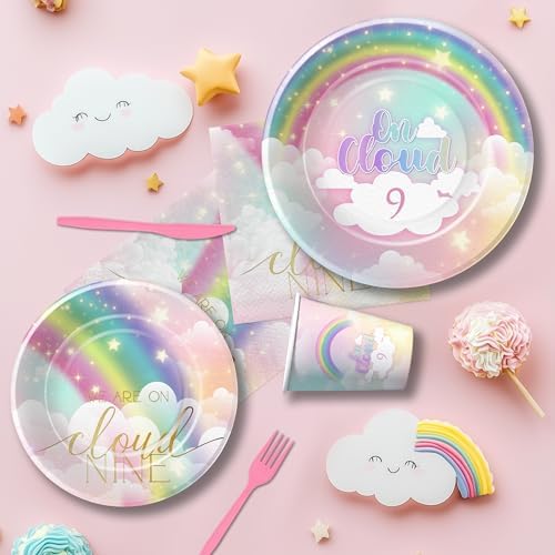 Decoraciones de Cumpleaños FVABO Nubes Arcoíris para Niñas, Set de Mesa desechable para Fiesta 9 años, Platos, Servilletas, Vasos y Cubiertos para 24 - imagen 3