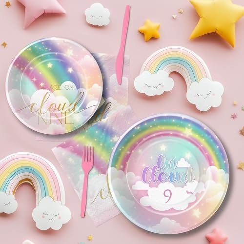Decoraciones de Cumpleaños FVABO Nubes Arcoíris para Niñas, Set de Mesa desechable para Fiesta 9 años, Platos, Servilletas, Vasos y Cubiertos para 24 - imagen 4