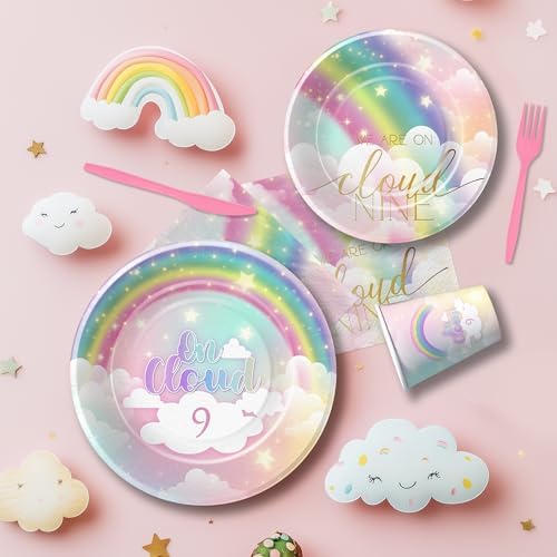Decoraciones de Cumpleaños FVABO Nubes Arcoíris para Niñas, Set de Mesa desechable para Fiesta 9 años, Platos, Servilletas, Vasos y Cubiertos para 24 - imagen 5