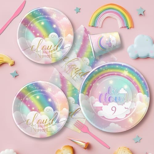 Decoraciones de Cumpleaños FVABO Nubes Arcoíris para Niñas, Set de Mesa desechable para Fiesta 9 años, Platos, Servilletas, Vasos y Cubiertos para 24 - imagen 6