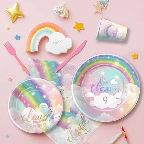 Decoraciones de Cumpleaños FVABO Nubes Arcoíris para Niñas, Set de Mesa desechable para Fiesta 9 años, Platos, Servilletas, Vasos y Cubiertos para 24 - imagen 7