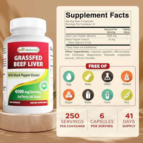 Cápsulas de Hígado de Res Alimentado con Pasto Best Naturals 4500mg 250 Contenido - Suplemento Deshidratado para Energía, Detoxificación, Digestión e - imagen 2