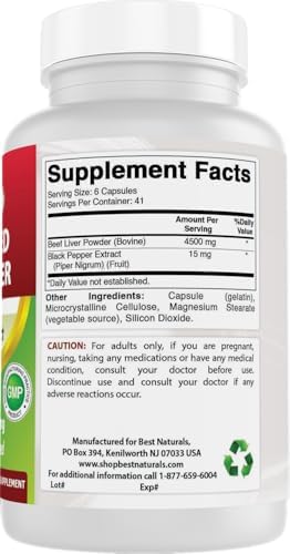 Cápsulas de Hígado de Res Alimentado con Pasto Best Naturals 4500mg 250 Contenido - Suplemento Deshidratado para Energía, Detoxificación, Digestión e - imagen 6