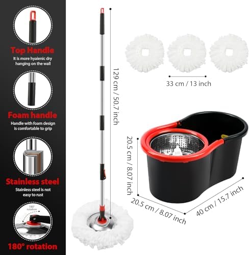 Set de Cubeta y Mop de Giro con Escurridor, Sistema de Mop y Cubeta 360° con 3 Repuestos de Microfibra y Mango Extensible de 50 para Limpiar Pisos - imagen 2