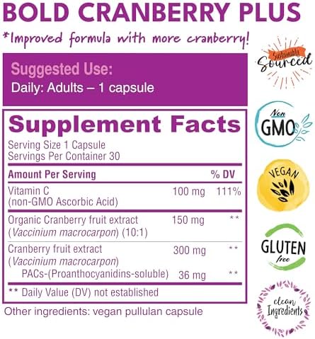 Extracto de Arándano Bold Cranberry Plus - 36mg PACs Solubles - Suplemento para Mujeres y Hombres con Soporte para Vías Urinarias, Vitamina C No GMO - imagen 4