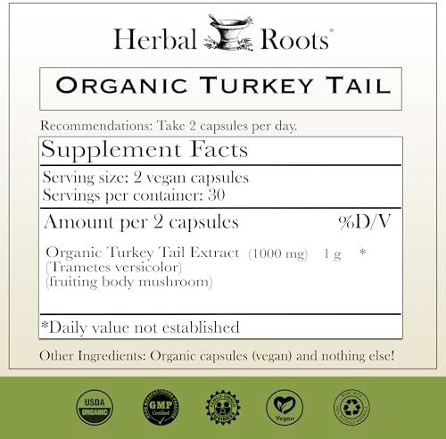 Suplemento Orgánico de Hongo Cola de Pavo Herbal Roots - Extracto de Cuerpos Frutales - Apoyo Inmunológico - 60 Cápsulas Veganas No GMO - imagen 2