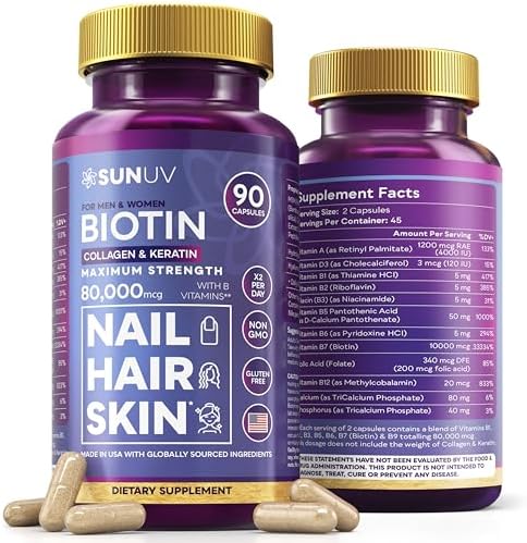 SUNUV Biotina 10,000mcg | Colágeno | Queratina | Ácido Hialurónico - Vitaminas para el Crecimiento del Cabello de 80,000mcg para Piel y Uñas - - imagen 1