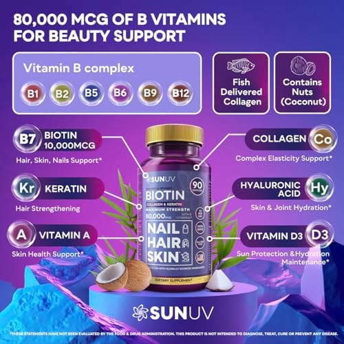 SUNUV Biotina 10,000mcg | Colágeno | Queratina | Ácido Hialurónico - Vitaminas para el Crecimiento del Cabello de 80,000mcg para Piel y Uñas - - imagen 2