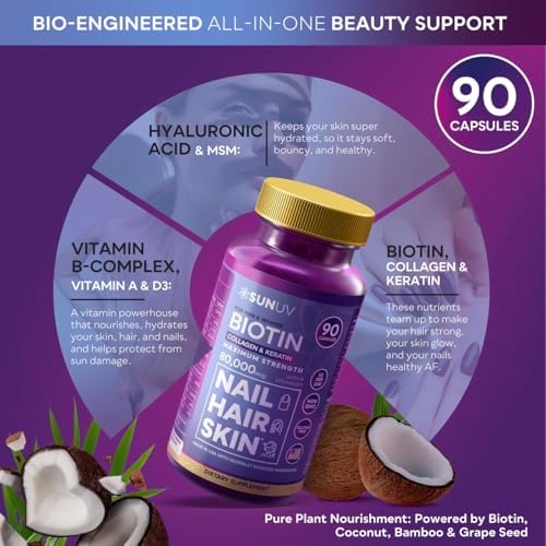 SUNUV Biotina 10,000mcg | Colágeno | Queratina | Ácido Hialurónico - Vitaminas para el Crecimiento del Cabello de 80,000mcg para Piel y Uñas - - imagen 5