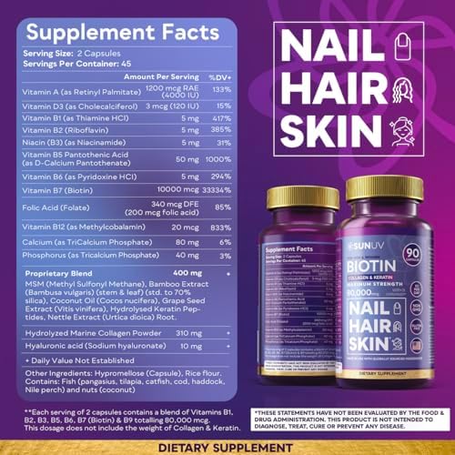 SUNUV Biotina 10,000mcg | Colágeno | Queratina | Ácido Hialurónico - Vitaminas para el Crecimiento del Cabello de 80,000mcg para Piel y Uñas - - imagen 7