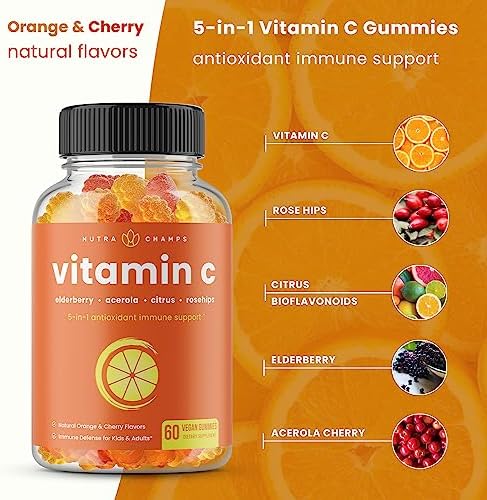 Gomitas de Vitamina C NutraChamps para Adultos y Niños, Suplemento Inmunológico 5 en 1 con Saúco, Rosa Mosqueta, Bioflavonoides Cítricos y Cereza - imagen 2