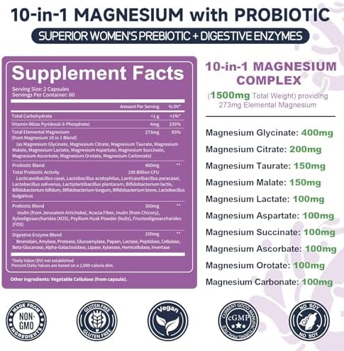 Suplemento Complejo de Magnesio 10 en 1 con Probióticos, Prebióticos y Enzimas Digestivas, 100 Mil Millones CFU para Mujeres, Alta Absorción, Vegan y - imagen 5
