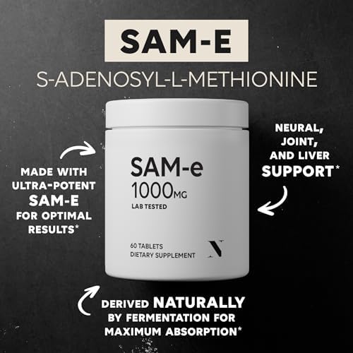 SAM-e 1000mg por Tableta, 60 Servings, Grado Farmacéutico, No GMO, Libre de Soja y Gluten, Tabletas Recubiertas para Soporte Cerebral, Articular, - imagen 2
