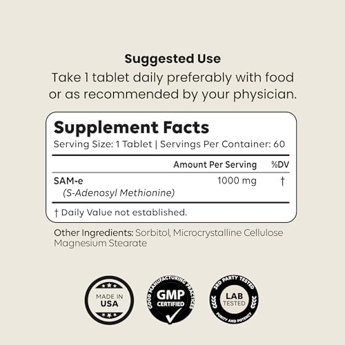 SAM-e 1000mg por Tableta, 60 Servings, Grado Farmacéutico, No GMO, Libre de Soja y Gluten, Tabletas Recubiertas para Soporte Cerebral, Articular, - imagen 4