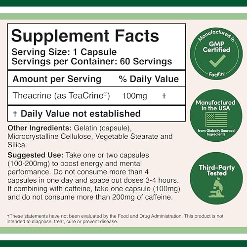 Theacrina (Teacrina) 100 mg, 60 Cápsulas - Suplemento de Energía y Enfoque (Similar a las Pastillas de Cafeína, pero Más Suave y Duradero) Sin OGM y - imagen 5
