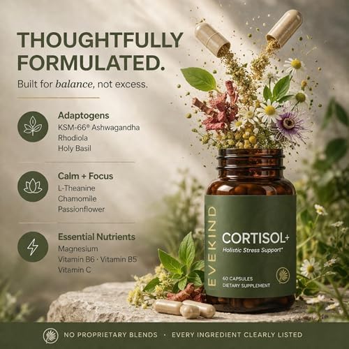 Suplemento de Cortisol EVEKIND para Mujeres | Apoyo para Estrés y Glándulas Suprarrenales | KSM-66® Ashwagandha, Rhodiola, L-Theanina | 60 Cápsulas - imagen 3