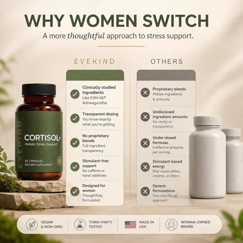 Suplemento de Cortisol EVEKIND para Mujeres | Apoyo para Estrés y Glándulas Suprarrenales | KSM-66® Ashwagandha, Rhodiola, L-Theanina | 60 Cápsulas - imagen 4