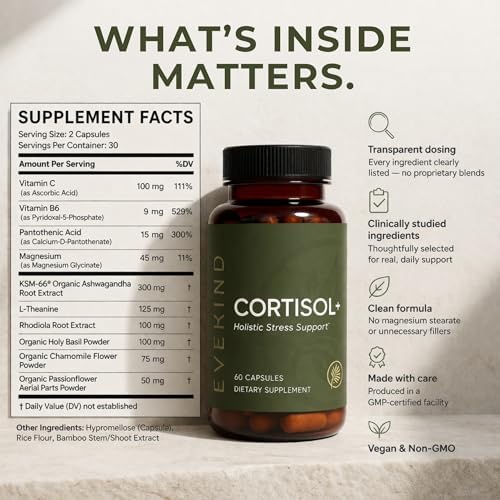 Suplemento de Cortisol EVEKIND para Mujeres | Apoyo para Estrés y Glándulas Suprarrenales | KSM-66® Ashwagandha, Rhodiola, L-Theanina | 60 Cápsulas - imagen 5