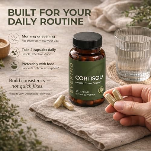 Suplemento de Cortisol EVEKIND para Mujeres | Apoyo para Estrés y Glándulas Suprarrenales | KSM-66® Ashwagandha, Rhodiola, L-Theanina | 60 Cápsulas - imagen 8