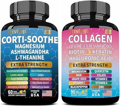 Set Brillante de Serenidad JTEVEweu, Apoyo para el Cortisol con Ashwagandha, L-Theanina, Magnesio, Melena de León, GABA, Bacopa Monnieri, Colágeno, - imagen 1