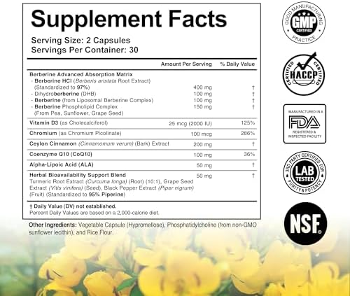 Suplemento Liposomal de Berberina DLNIA – Matriz de Berberina 3X con DHB, Fosfolípidos, CoQ10, ALA, Vitamina D3, Cromo, Canela – Soporte Avanzado - imagen 2