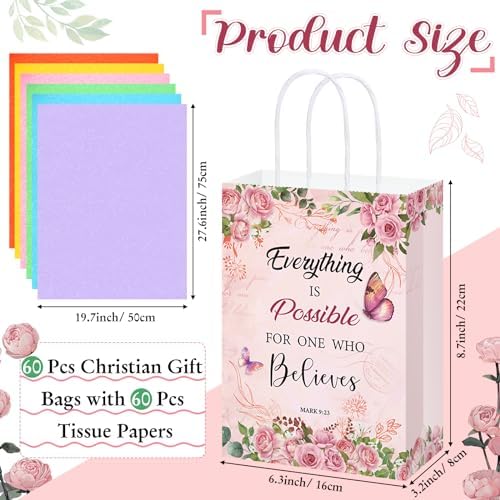 Set de 120 Bolsas de Regalo Cristianas Pasimy: 60 Bolsas Florales Religiosas y 60 Papeles de Seda para el Día de las Madres, Cumpleaños y Maestras - imagen 2