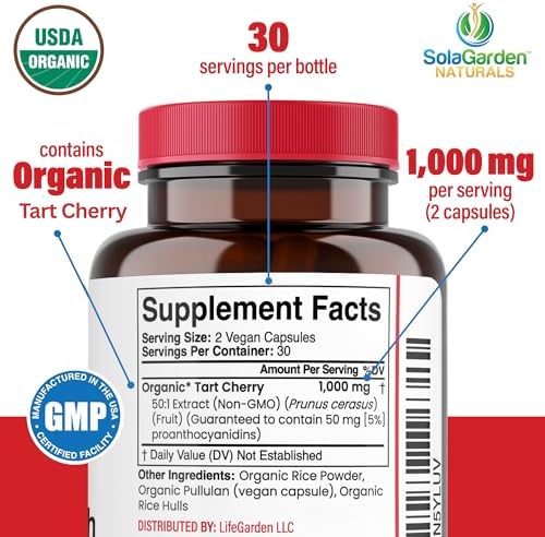 Suplemento de Cereza Ácida Orgánica USDA Super Fuerte, Extracto 50:1 de Cerezas Orgánicas No GMO, SolaGarden Naturals, 60 Cápsulas Veganas, Apoya - imagen 3