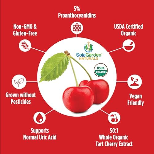 Suplemento de Cereza Ácida Orgánica USDA Super Fuerte, Extracto 50:1 de Cerezas Orgánicas No GMO, SolaGarden Naturals, 60 Cápsulas Veganas, Apoya - imagen 4
