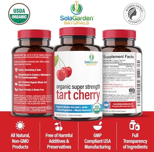 Suplemento de Cereza Ácida Orgánica USDA Super Fuerte, Extracto 50:1 de Cerezas Orgánicas No GMO, SolaGarden Naturals, 60 Cápsulas Veganas, Apoya - imagen 6