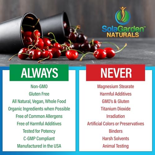 Suplemento de Cereza Ácida Orgánica USDA Super Fuerte, Extracto 50:1 de Cerezas Orgánicas No GMO, SolaGarden Naturals, 60 Cápsulas Veganas, Apoya - imagen 7