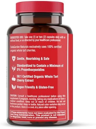 Suplemento de Cereza Ácida Orgánica USDA Super Fuerte, Extracto 50:1 de Cerezas Orgánicas No GMO, SolaGarden Naturals, 60 Cápsulas Veganas, Apoya - imagen 8
