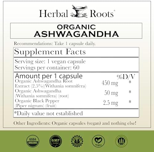 Cápsulas de Ashwagandha Herbal Roots | Fuerza Extra 1,000mg por Porción | Ayurvédico para la Salud General de Hombres y Mujeres | 60 Cápsulas Veganas - imagen 2