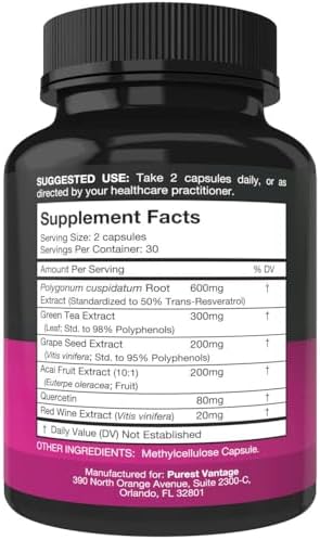 Suplemento de Resveratrol - Potente Fórmula de 1400mg con Trans Resveratrol, Quercetina, Semilla de Uva, Té Verde, Acai y Extracto de Vino Tinto - 60 - imagen 2