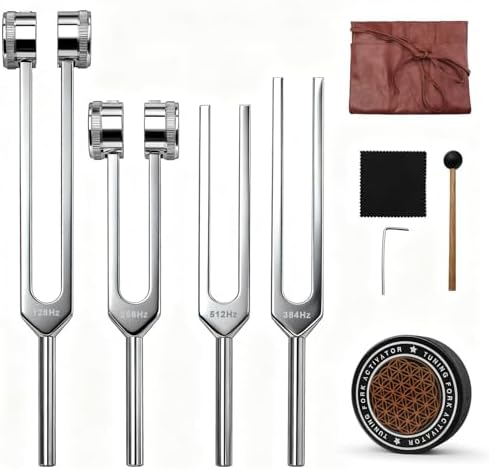 Set de Diapasones 128Hz 256Hz 384Hz 512Hz – Kit Profesional de Terapia Sonora con Martillo, Activador de Goma, Estuche de Cuero, Llave Hexagonal y - imagen 1