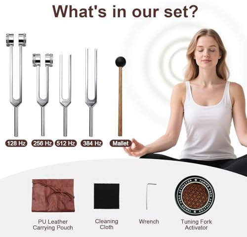 Set de Diapasones 128Hz 256Hz 384Hz 512Hz – Kit Profesional de Terapia Sonora con Martillo, Activador de Goma, Estuche de Cuero, Llave Hexagonal y - imagen 3