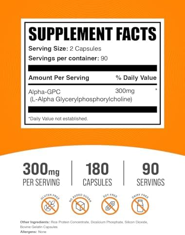 Cápsulas de Alpha GPC de BulkSupplements.com - Suplementos de Acetilcolina, 300mg de Alpha GPC, Sin Gluten, 2 Cápsulas por Porción, 180 Cápsulas - imagen 2