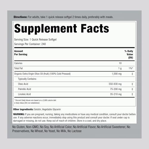 Cápsulas de Aceite de Oliva Piping Rock | 1000mg | 240 Píldoras | Suplemento Orgánico Extra Virgen Prensado en Frío | Fórmula Sin OGM y Sin Gluten - imagen 2