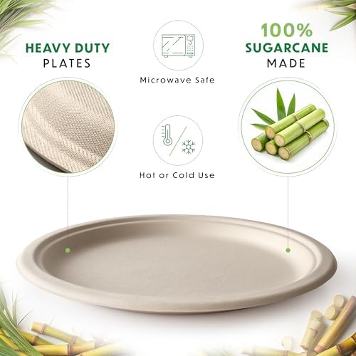 Platos Compostables Desechables de Papel Resistente - [125 Piezas] 9 Pulgadas, Biodegradables, Hechos de Bagazo de Caña de Azúcar, Color Marrón, Para - imagen 2