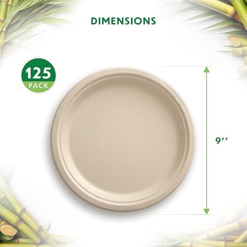 Platos Compostables Desechables de Papel Resistente - [125 Piezas] 9 Pulgadas, Biodegradables, Hechos de Bagazo de Caña de Azúcar, Color Marrón, Para - imagen 3
