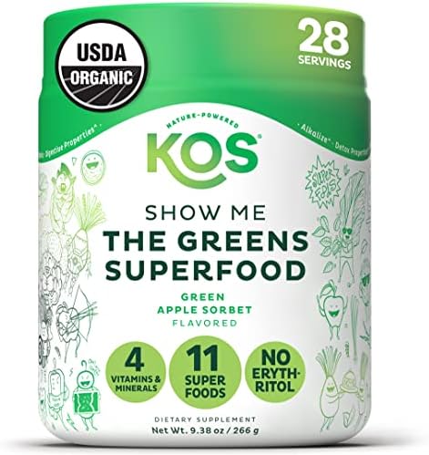 KOS Polvo de Super Greens Orgánico Sin Eritritol - Mezcla de Superalimentos a Base de Plantas con Spirulina, Chlorella y Pasto de Trigo - Sabor - imagen 1