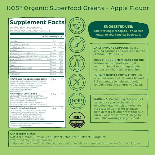KOS Polvo de Super Greens Orgánico Sin Eritritol - Mezcla de Superalimentos a Base de Plantas con Spirulina, Chlorella y Pasto de Trigo - Sabor - imagen 3
