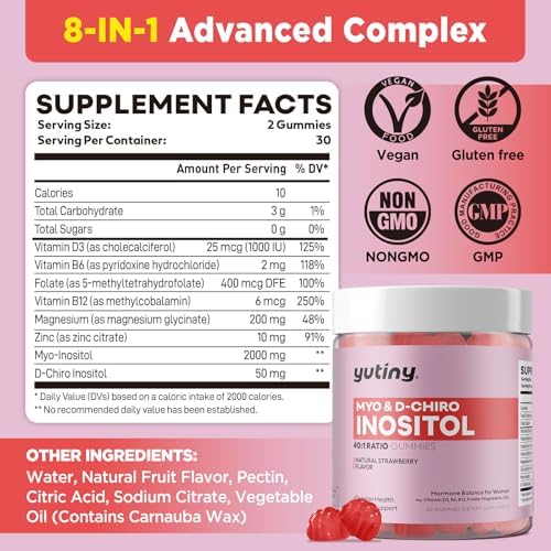Gomitas Yutiny de Myo-Inositol y D-Chiro Inositol, Vitamina B6, B12 y Folato para Mujeres, Veganas, Sin Azúcar, Sabor Fresa, 60 Unidades - imagen 2