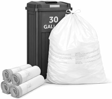 Bolsas de Basura CEDARRA de 30 Galones con Cuerda, Paquete de 50, Extra Fuertes de 1.3 Mil, Blancas, Sin Fragancia, para Cocina, Oficina y Jardín, - imagen 1