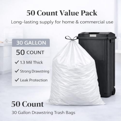 Bolsas de Basura CEDARRA de 30 Galones con Cuerda, Paquete de 50, Extra Fuertes de 1.3 Mil, Blancas, Sin Fragancia, para Cocina, Oficina y Jardín, - imagen 2