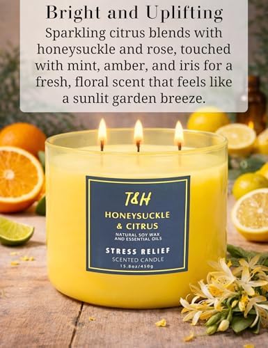 Vela Aromática de Soja de 3 Mechas Honeysuckle Citrus | 15.8 oz | Vela Grande para el Hogar | Aroma Floral Cítrico Fresco | Listo para Regalar - imagen 2