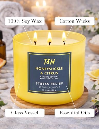 Vela Aromática de Soja de 3 Mechas Honeysuckle Citrus | 15.8 oz | Vela Grande para el Hogar | Aroma Floral Cítrico Fresco | Listo para Regalar - imagen 4